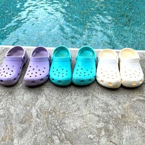 3 pairs of sz j3 crocs Lavender,aqua,white. $60 for all! Didn’t get to wear much